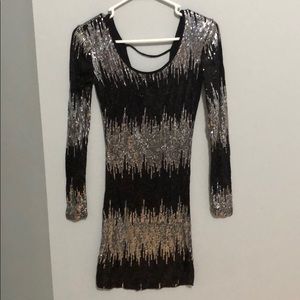 Long Sleeve Black & Silver Sparkle Dress